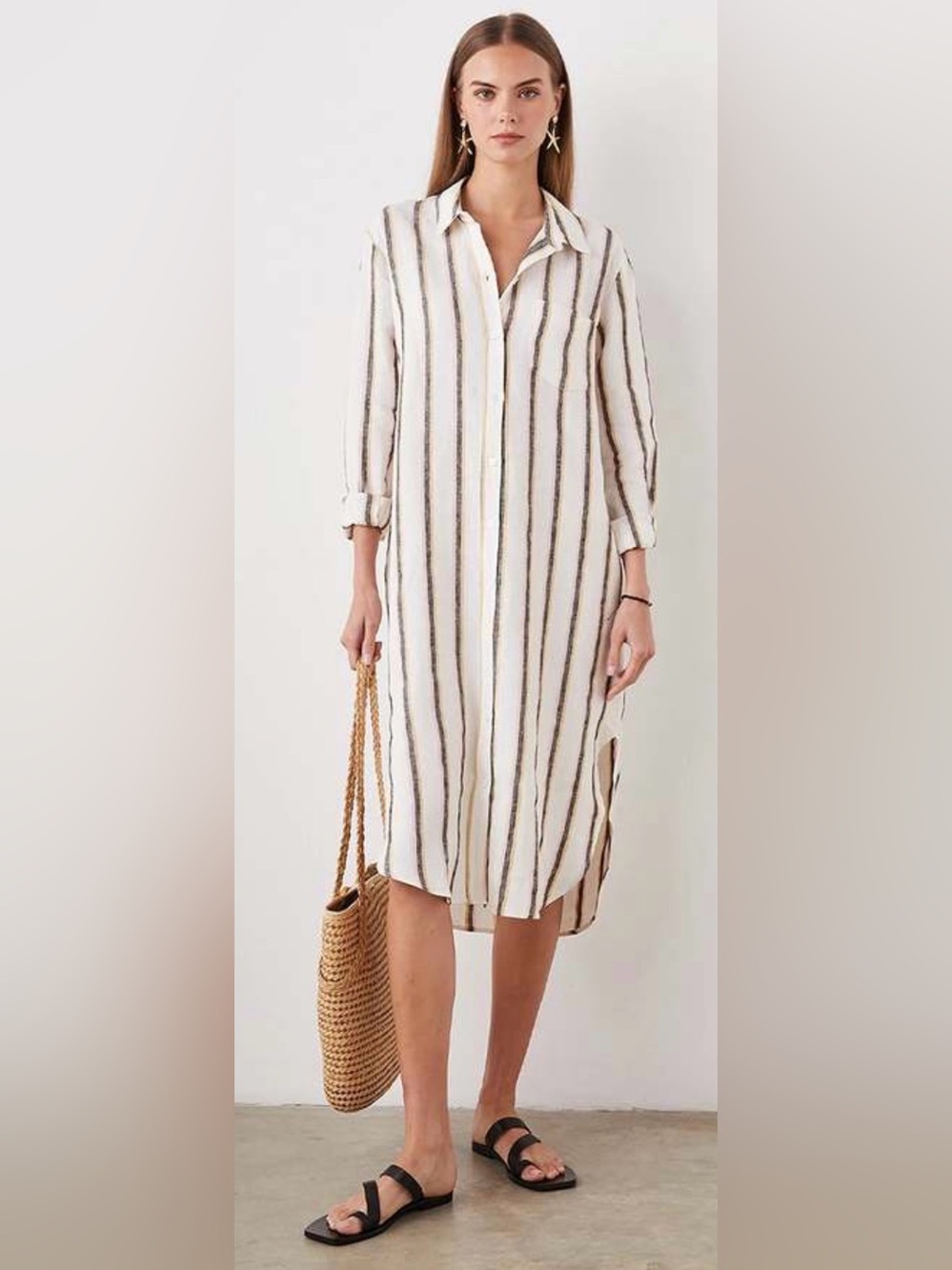 Rails Val Hermosa Stripe Cream and Brown Vertical-Stripe Midi Shirt Dress